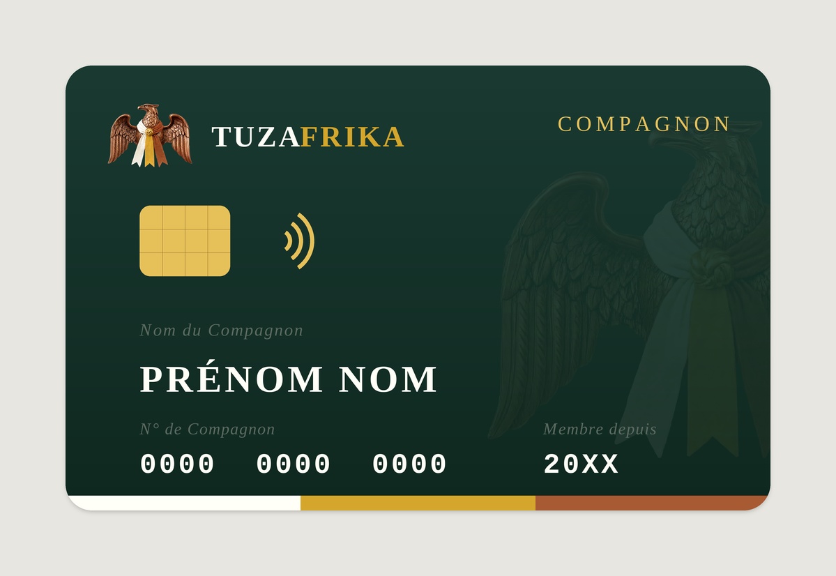 Carte de Compagnon, recto : nom, numéro de Compagnon et puce d'appartenance