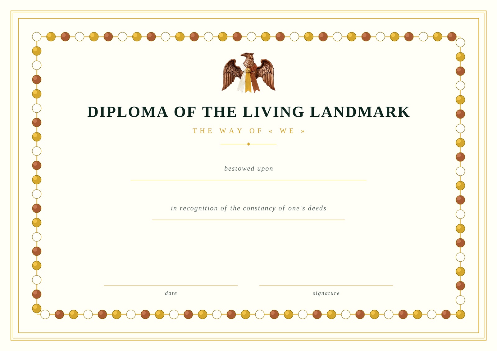 The ornamental frame of the Diploma of the Living Landmark, a chain of medallions in ivory, gold and sienna