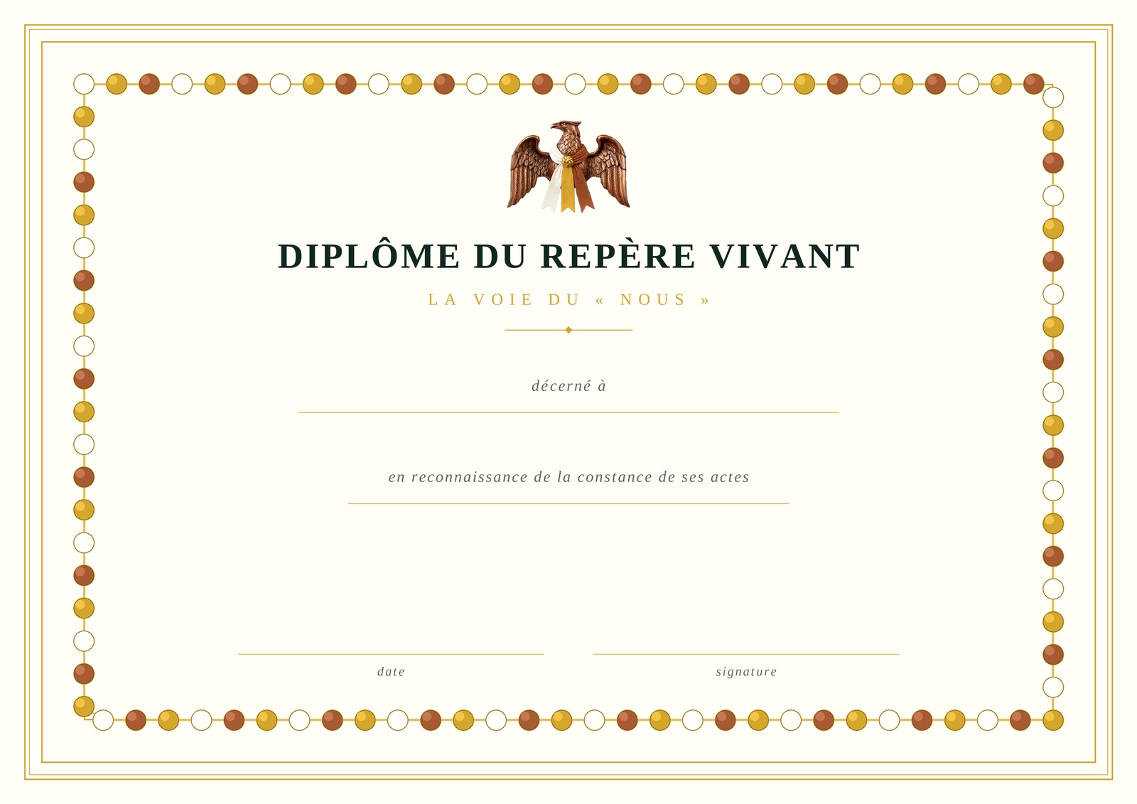 Le cadre ornemental du Diplôme du Repère Vivant, en chaîne de médaillons ivoire, or et sienne