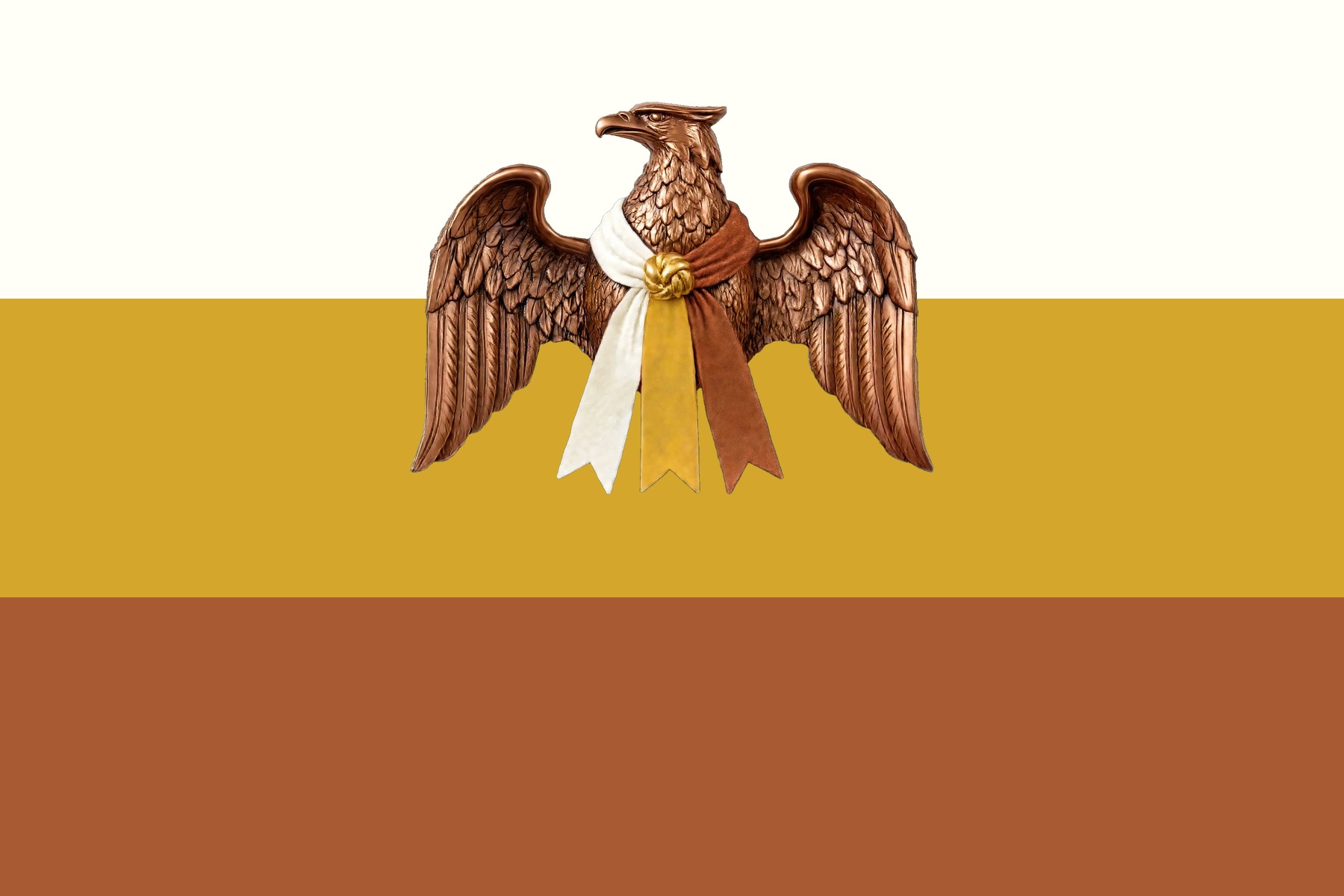 Le Drapeau institutionnel de Tuzafrika : trois bandes égales ivoire, or et sienne, portant l'Aigle aux Trois Étoffes à la frontière de l'ivoire et de l'or