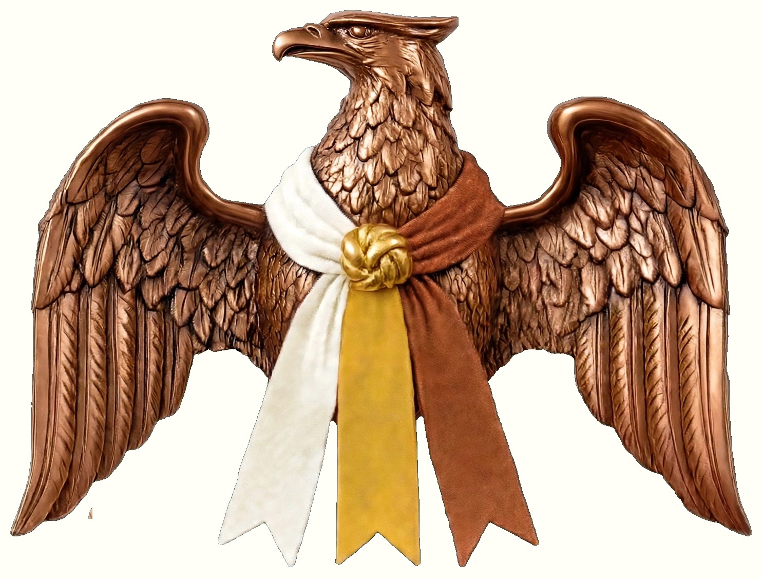 L'Emblème doctrinal du Nous-isme : un aigle d'airain aux ailes déployées portant sur sa poitrine trois étoffes nouées, ivoire, or et sienne