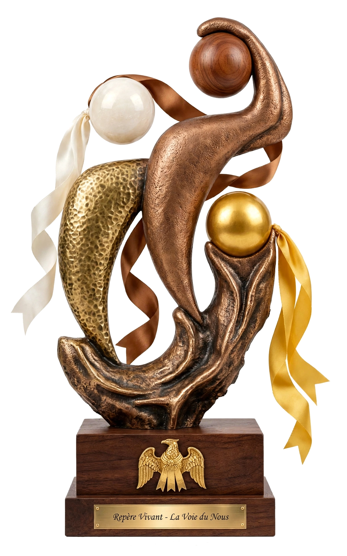 Le Trophée du Repère Vivant : une torsion de bronze figurant le Cœur/Conscience, portant trois sphères reliées aux rubans ivoire, or et sienne